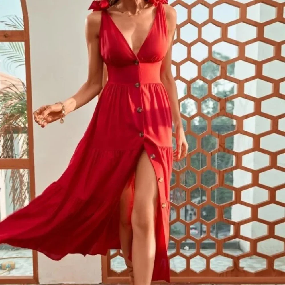 Button Front Ruffle Hem Dress RED - Picture 4 of 5